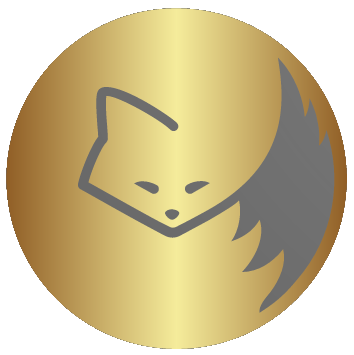 A circle logo featuring a gold fox design